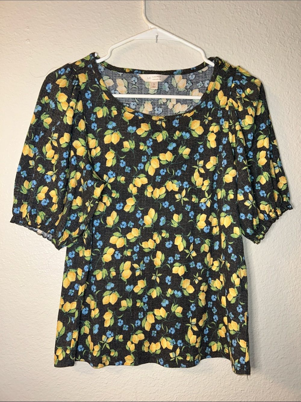 Floral Puff Sleeve Top with Yellow & Blue Blooms